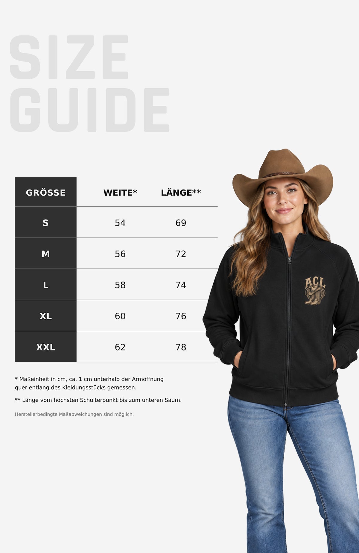 ACL | Sweatjacke Unisex | Einfarbiges Motiv Sweatter ACLSweatjackeohneKapuze-Unisex-SizeGuide-einfarbig-EnrolDesign-EnrolShop-01