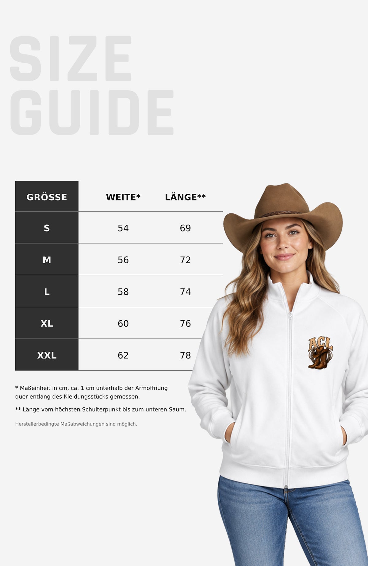 ACL | Sweatjacke Unisex | Farbiges Motiv Sweatter ACLSweatjackeohneKapuze-Unisex-SizeGuide-farbig-EnrolDesign-EnrolShop-01