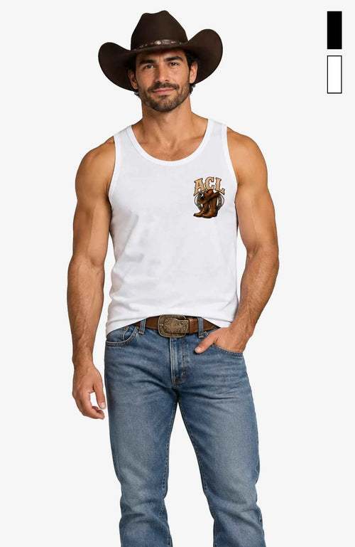 ACL | Herren Shirt ärmellos | Farbiges Motiv Ärmellos ACLTShirtohneAermel-Herren-Weiss-Front-EnrolDesign-EnrolShop-farbigesLogo.-ModellFrontwebp
