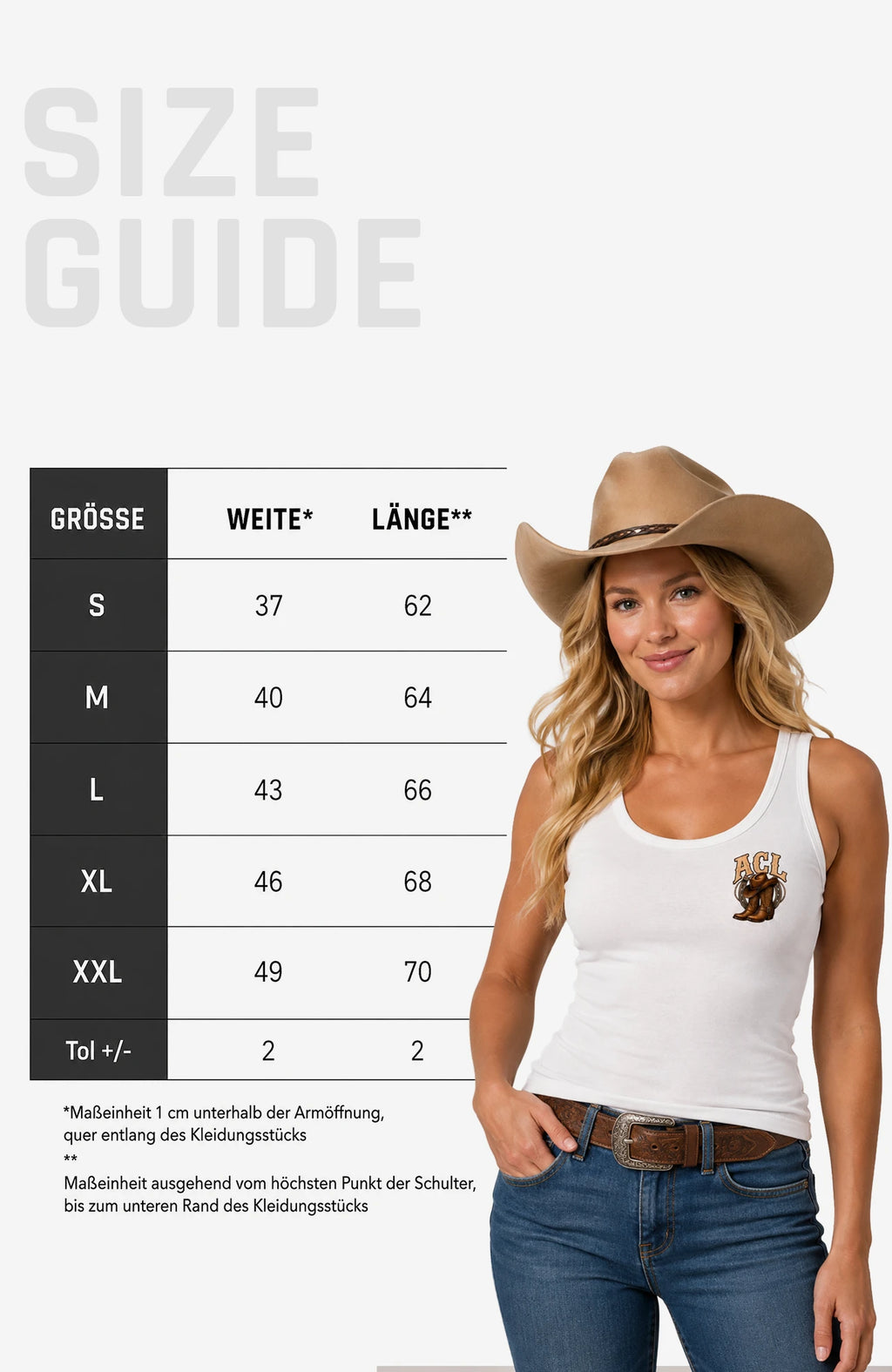 Angies Country Line | Damen Trägershirt mit Racerback Tanktop ACLTraegershirt-Damen-Weiss-FrontEnrolDesign-EnrolShop-SizeGuide