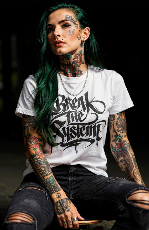 Break The System Shirt – Dark Streetwear Tee Shirt Break-the-System-EnrolDesign-streetwear-tshirt-weiss-Front-Model_876cc790-f856-48c5-9c1c-fb5f818ae416