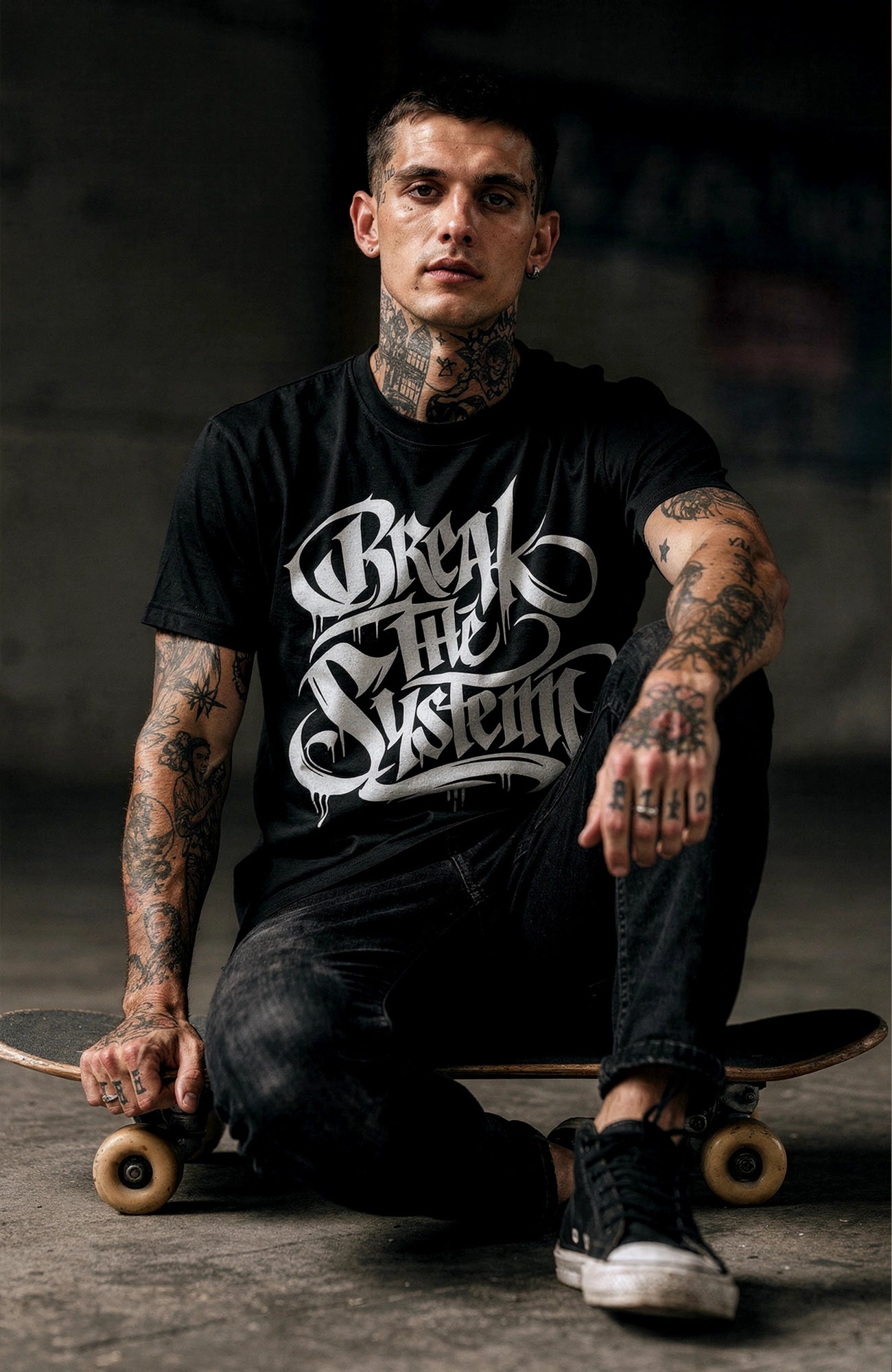 Break The System Shirt – Dark Streetwear Tee Shirt Break_-_the_-_System_-_EnrolDesign_-streetwear-tshirt-schwarz-Front_-_Model_Mann_-_02