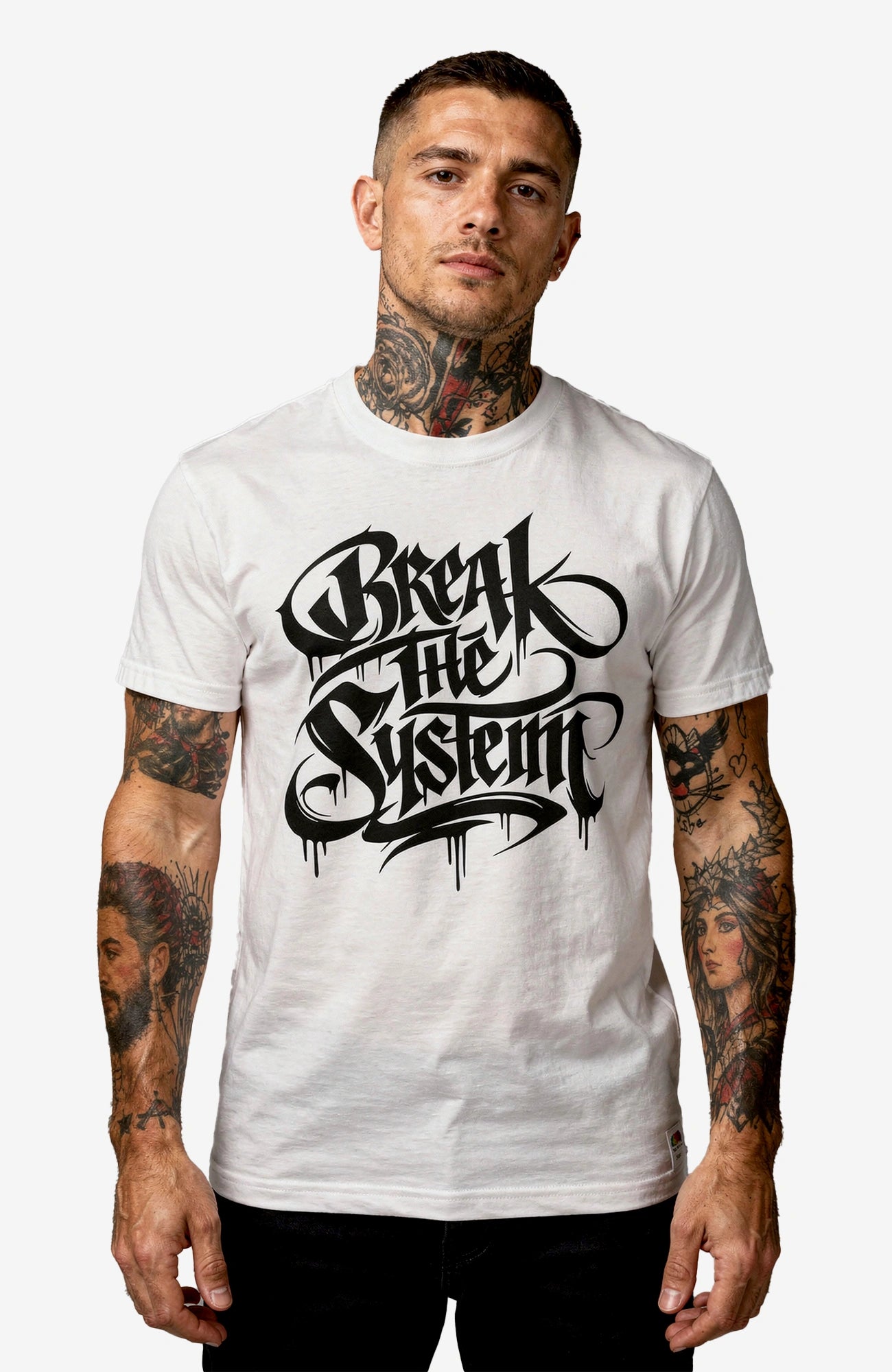 Break The System Shirt – Dark Streetwear Tee Shirt Break_-_the_-_System_-_EnrolDesign_-streetwear-tshirt-white-Front_-_Model_Mann_-_01