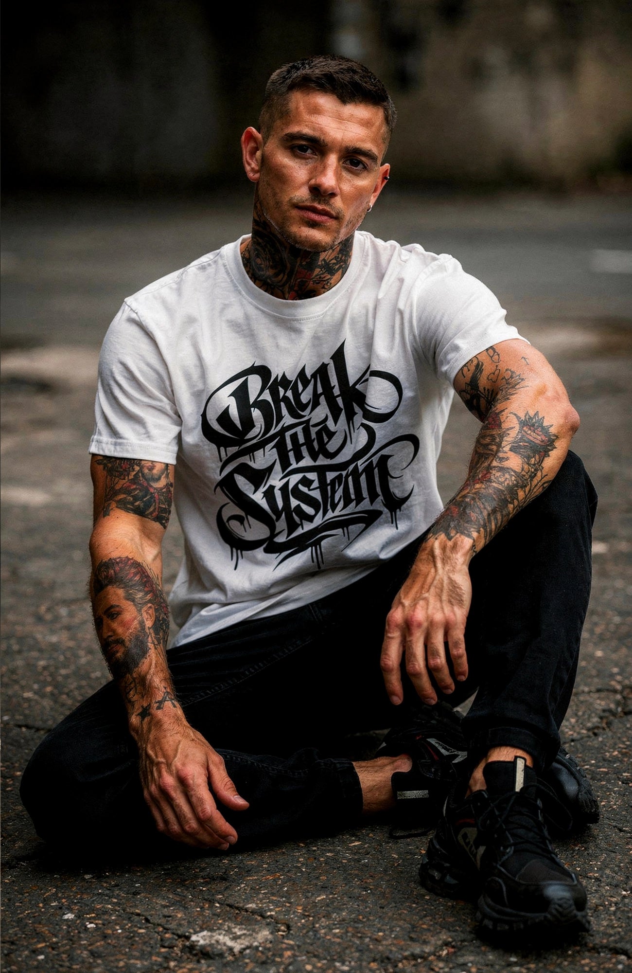 Break The System Shirt – Dark Streetwear Tee Shirt Break_-_the_-_System_-_EnrolDesign_-streetwear-tshirt-white-Front_-_Model_Mann_-_02