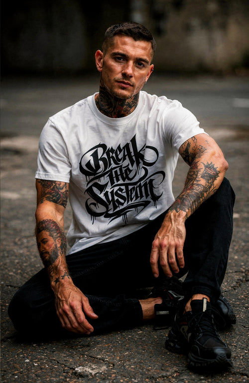 Break The System Shirt – Dark Streetwear Tee Shirt Break_-_the_-_System_-_EnrolDesign_-streetwear-tshirt-white-Front_-_Model_Mann_-_02