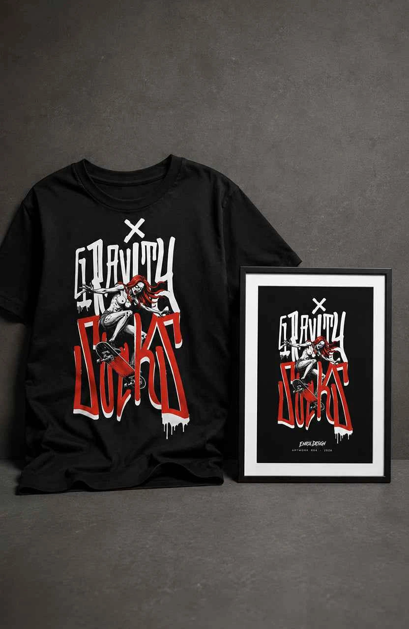 Gravity Sucks – WEAR IT. HANG IT. | Bundle - Frau Bundle-Gravity-SkaterShirt-streetwear-tshirt-black-Front-EnrolShop-EnrolDesign.