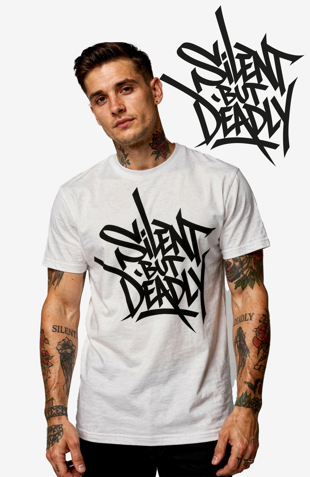 Silent But Deadly – Look Bundle - Shirt + Sticker Bundle Bundle-SilentbutDeadly-EnrolDesign-Sticker-weissMann