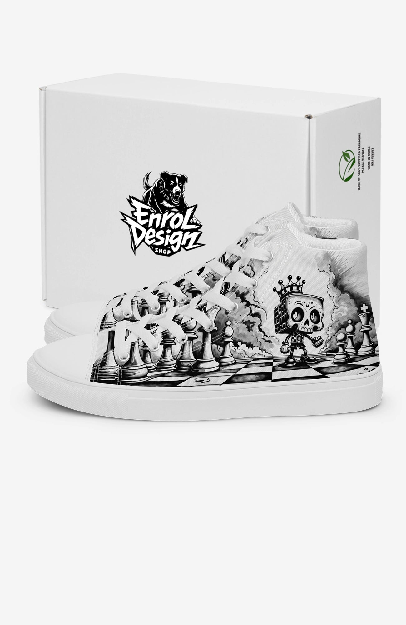 Checkmate High Top Sneaker | Herren Sneaker Chess-high-top-sneaker-Clown-streetwear-blackwhite-canvas-enroldesign-Headline