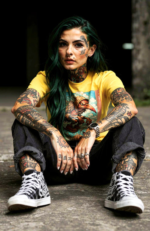 Dropping Chaos | T-Shirt | Skater Shirt Gelb Shirt Dropping_Chaos_-_Skater_Shirt_-streetwear-tshirt-gelb-Front.-Modell-Women-02