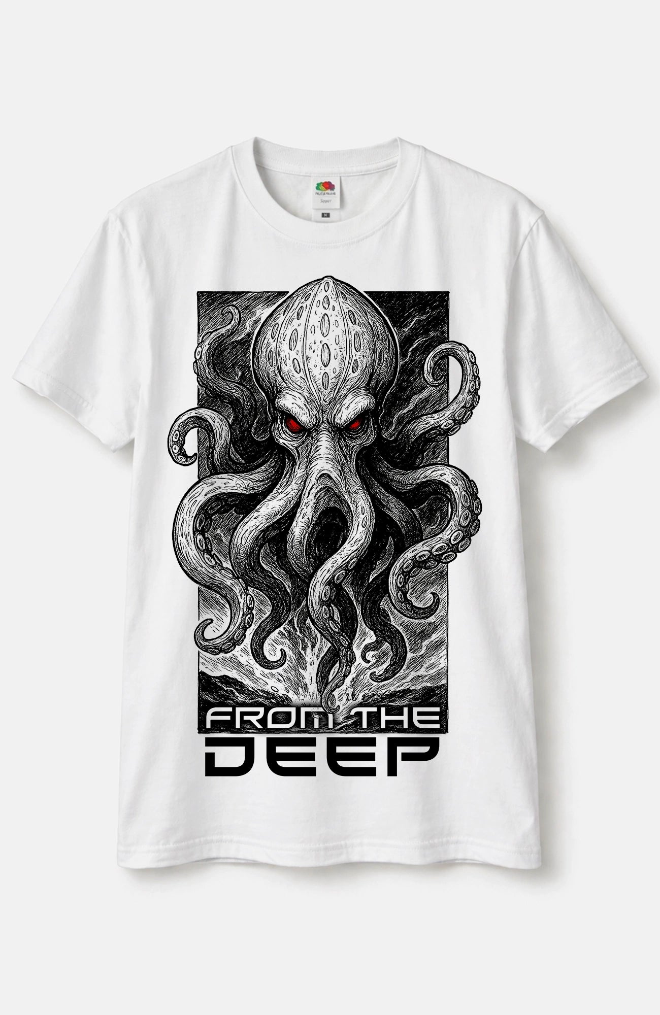 From the Deep T-Shirt – Weißes Streetwear Shirt mit Oktopus Shirt From_the_Deep_-_Skater_Shirt_-streetwear-tshirt-weiss-Front