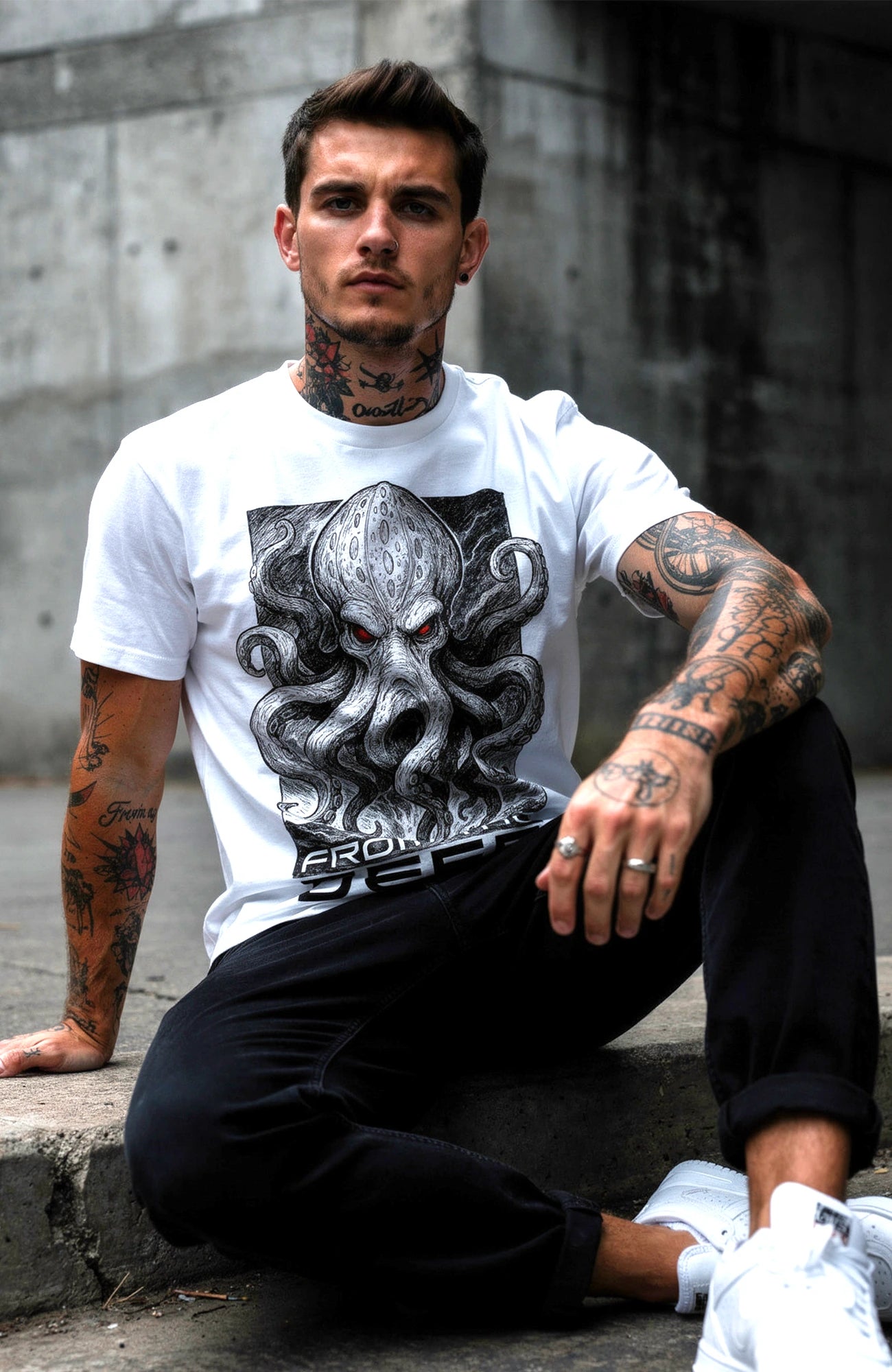 From the Deep T-Shirt – Weißes Streetwear Shirt mit Oktopus Shirt FromtheDeep-SkaterShirt-streetwear-tshirt-weiss-Front.-ModelMann02