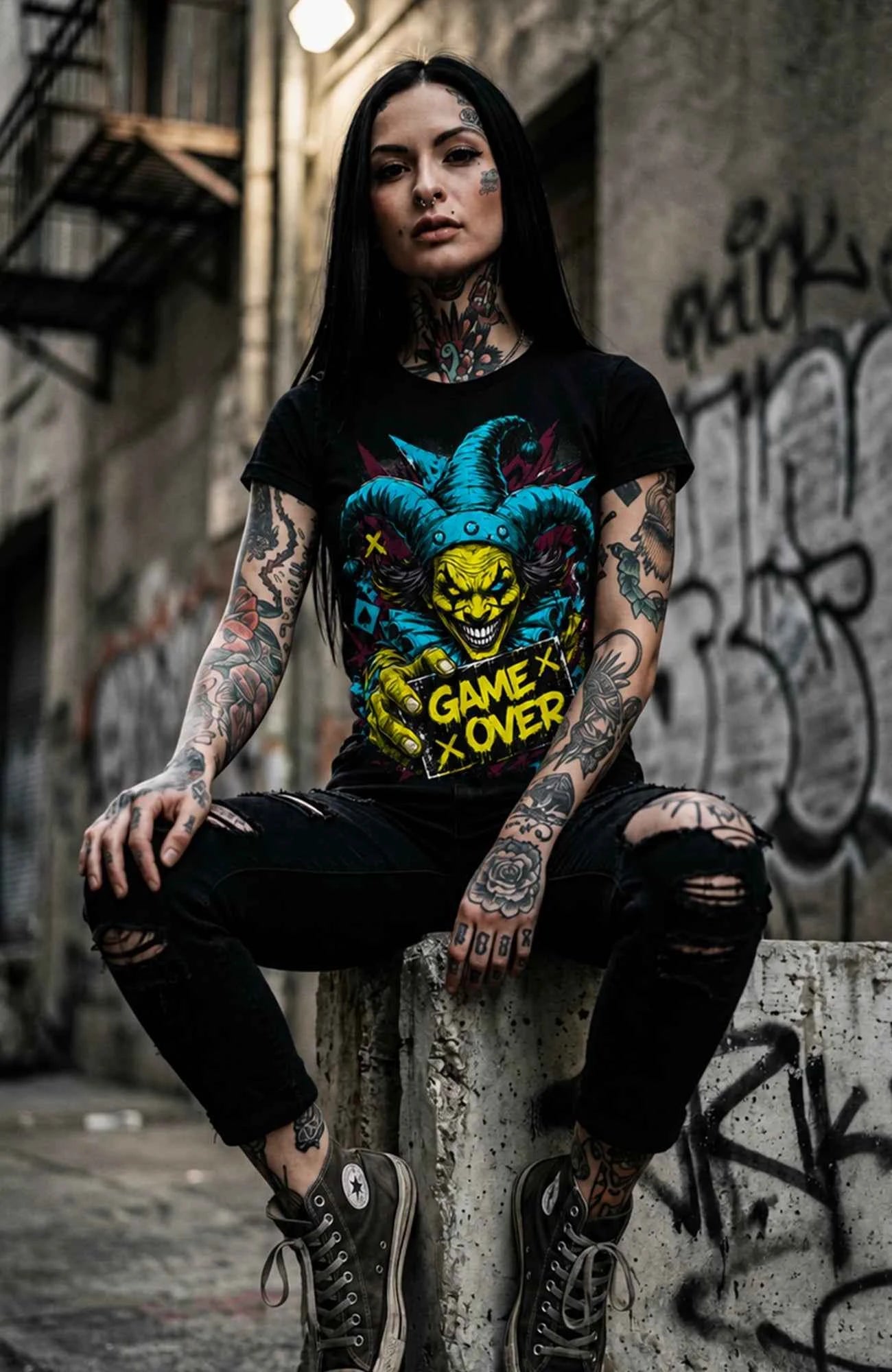 Final Trick | Shirt Damen | Schwarz Shirt GameOver-Art-SkaterShirt-streetwear-Women-Black-Frontside-EnrolDesign-EnrolShop.-04