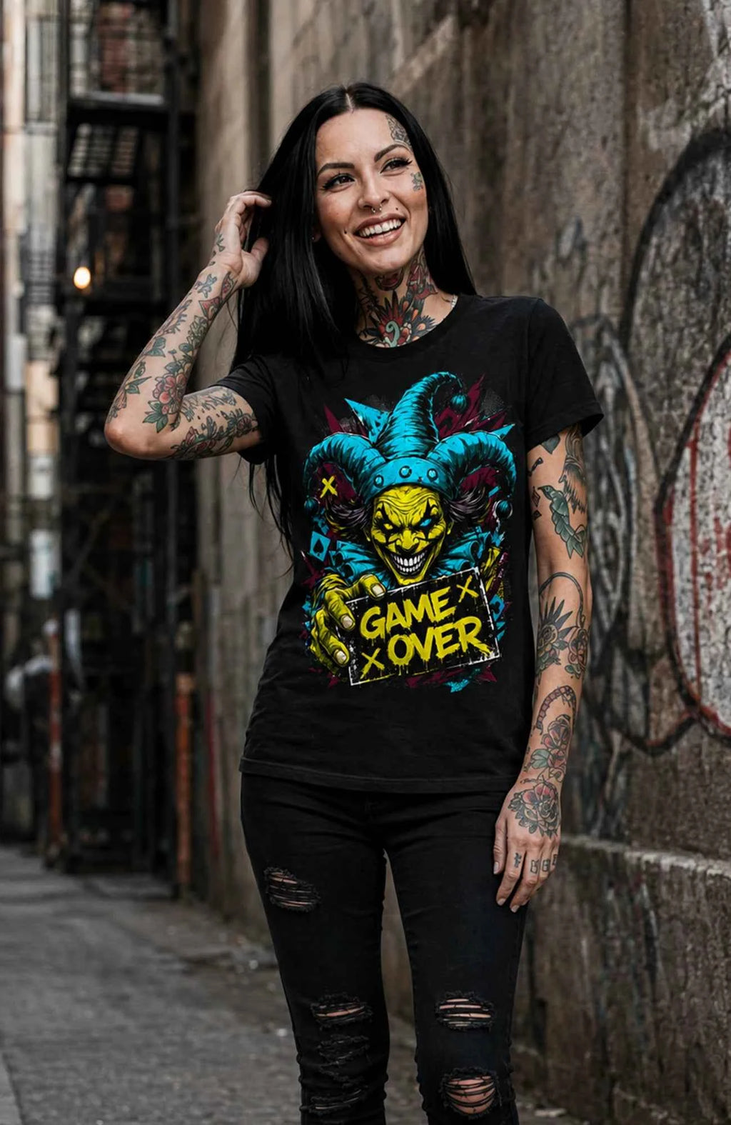 Final Trick | Shirt Damen | Schwarz Shirt GameOver-Art-SkaterShirt-streetwear-Women-Black-Frontside-EnrolDesign-EnrolShop.-06