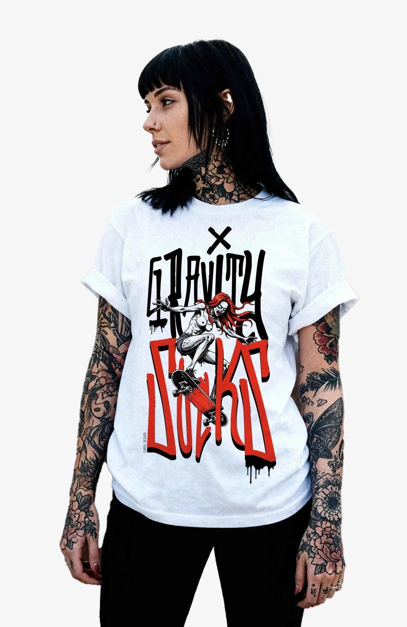 Gravity Sucks T-Shirt – Skate Streetwear Shirt weiß Shirt GravitySucks-streetwear-tshirt-weiss-Header-Women