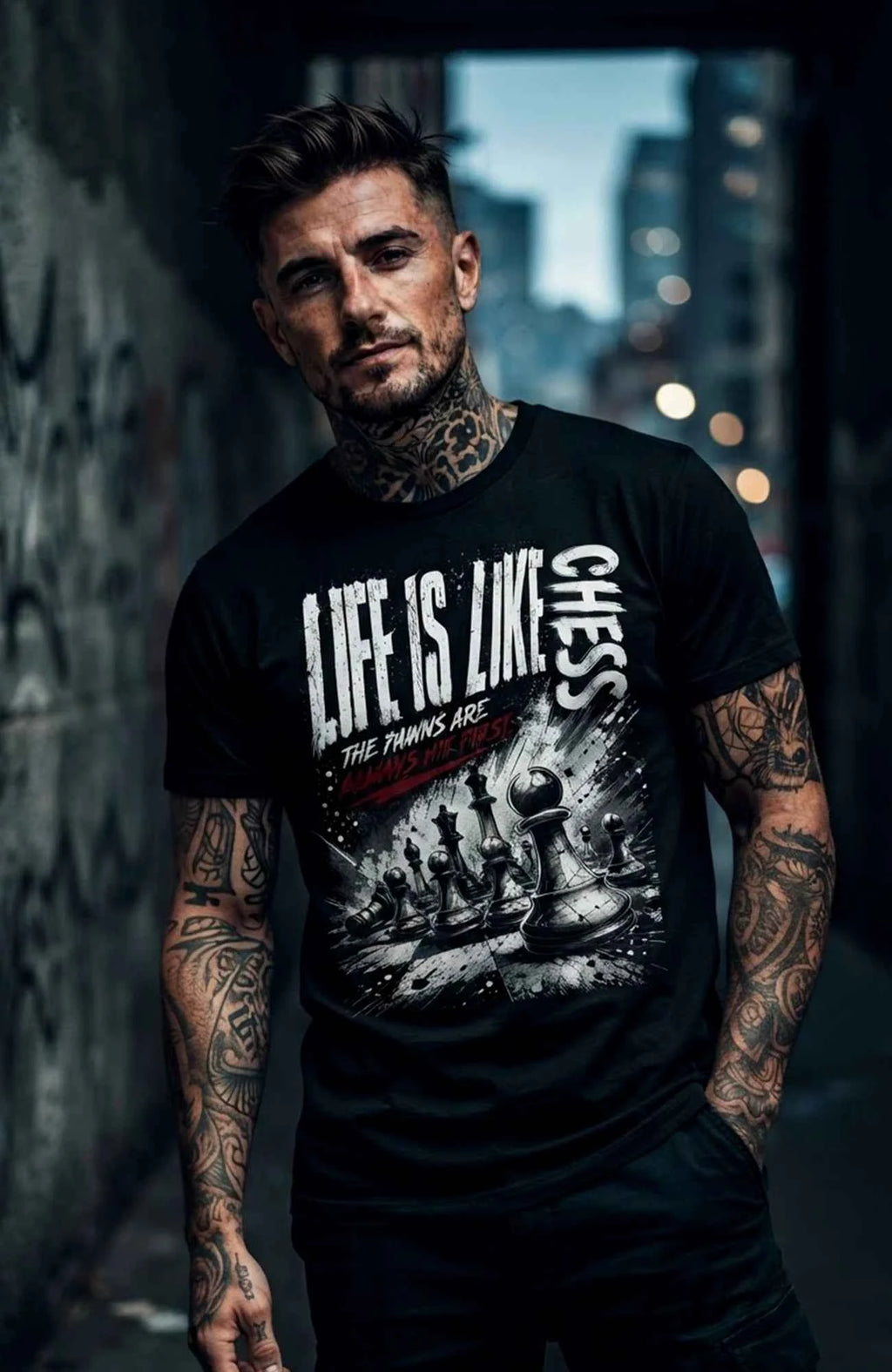 Life is like Chess | T-Shirt | schwarz | Skater T-Shirt Shirt LifelikeChess-EnrolDesign-streetwear-skater-T-Shirt-white-Front-EnrolShop-Men02