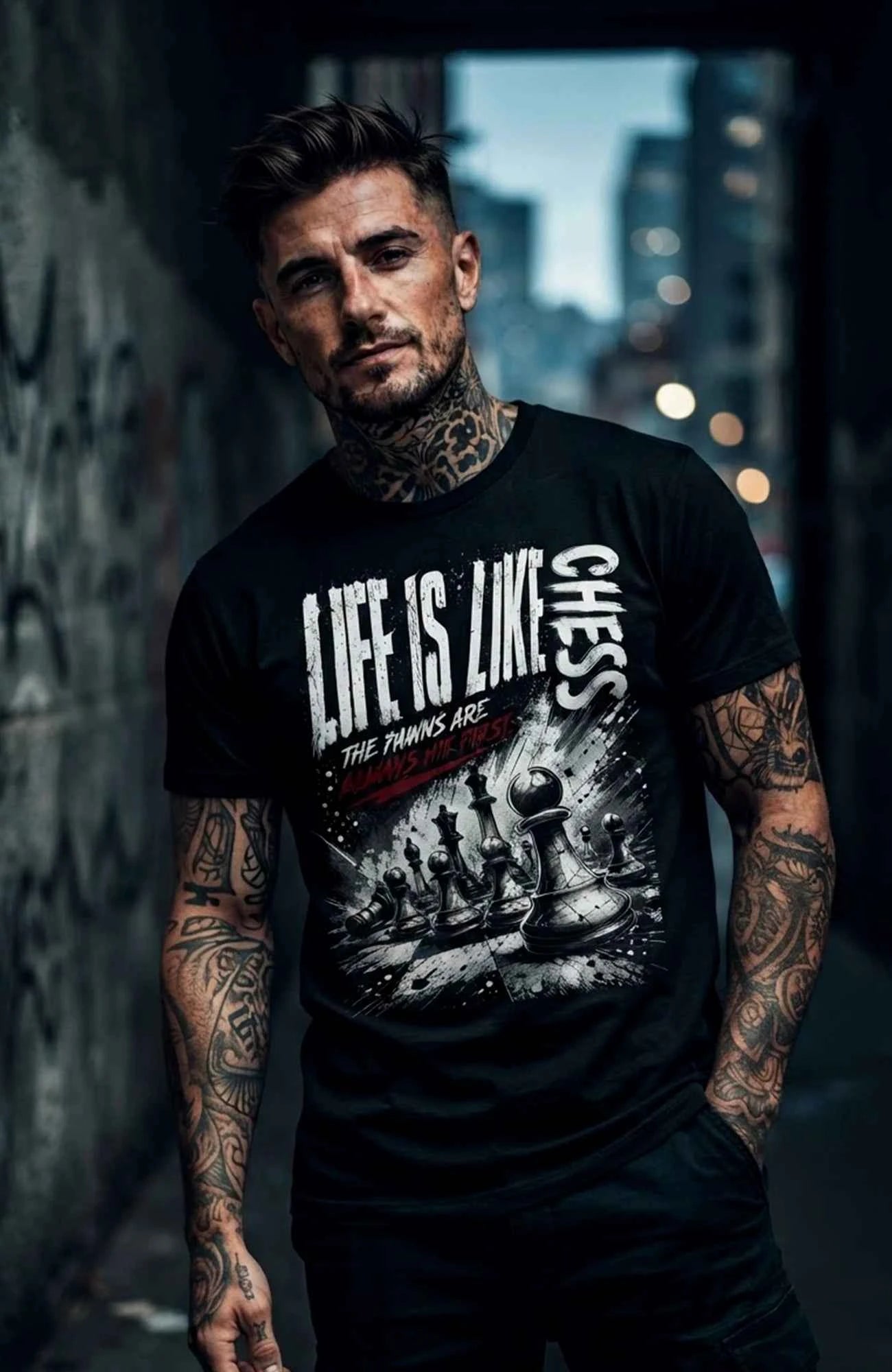 Life is like Chess | T-Shirt | schwarz | Skater T-Shirt Shirt LifelikeChess-EnrolDesign-streetwear-skater-T-Shirt-white-Front-EnrolShop-Men02