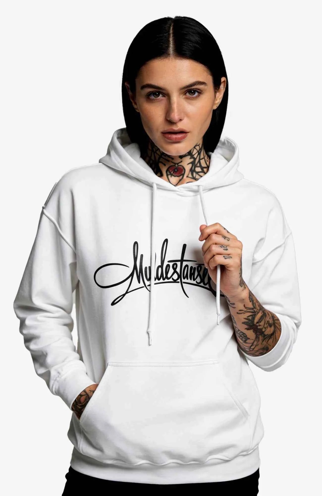 Muldestausee Script Hoodie – White Edition Hoodie Muldestausee-Art-DamenSkaterHoodie-streetwear-white-Front-EnrolDesign-EnrolShop_426bc013-86d0-47e3-a7a9-023c96c7a20b