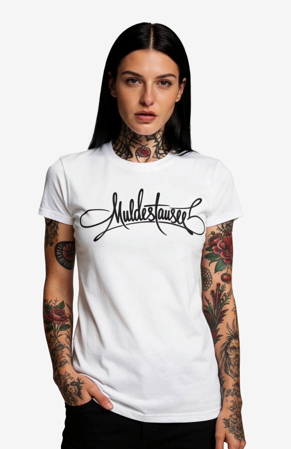 Muldestausee Script | T-Shirt | Edition Shirt Muldestausee-Art-DamenSkaterShirt-streetwear-tshirt-weiss-Front-EnrolDesign-EnrolShop-01