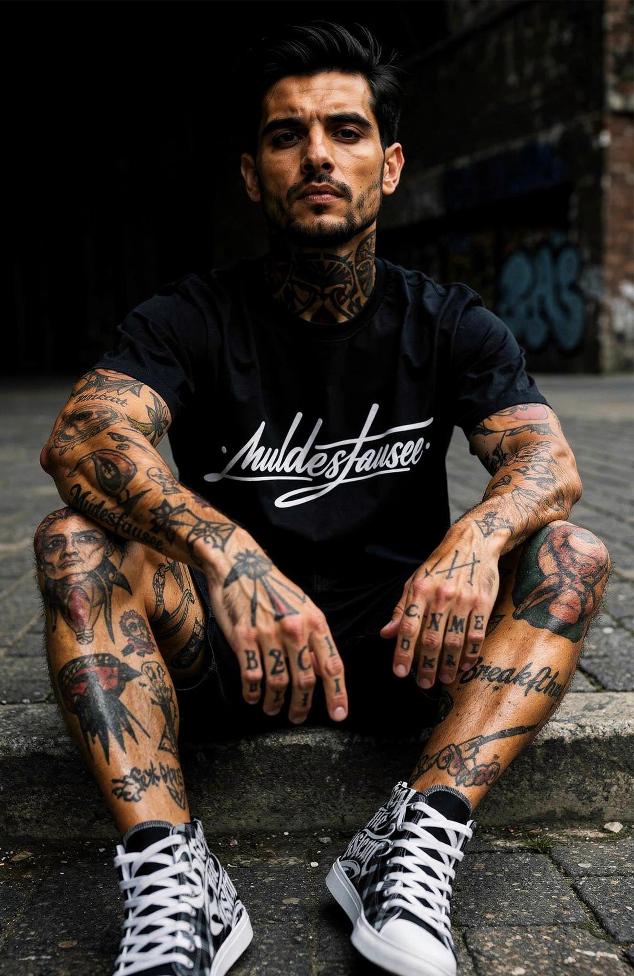 Muldestausee Bundle – T-Shirt & Vinyl Sticker im Streetwear Set Bundle Muldestausee_-_Skater_Shirt_-streetwear-tshirt-black-Front_-_EnrolDesign_-_EnrolShop_-_Modell_Mann_-_02