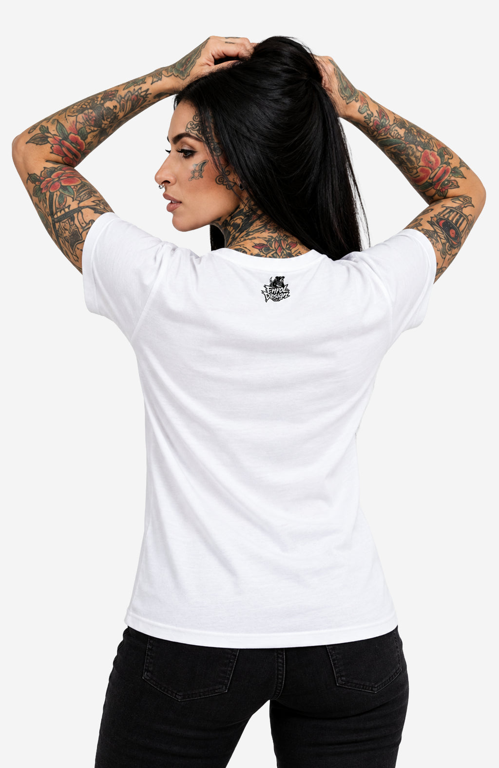 Never Enough | T-Shirt Damen | Weiß Shirt NeverEnough-EnrolDesign-streetwear-skater-T-Shirt-White-Back-EnrolShop-Frau05