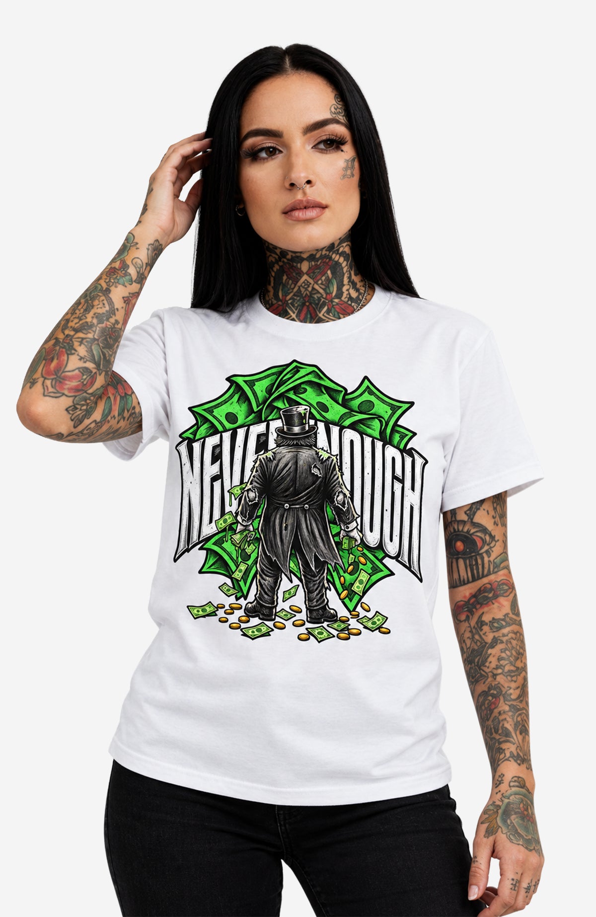 Never Enough | T-Shirt Damen | Weiß Shirt NeverEnough-EnrolDesign-streetwear-skater-T-Shirt-White-Front-EnrolShop-Frau01