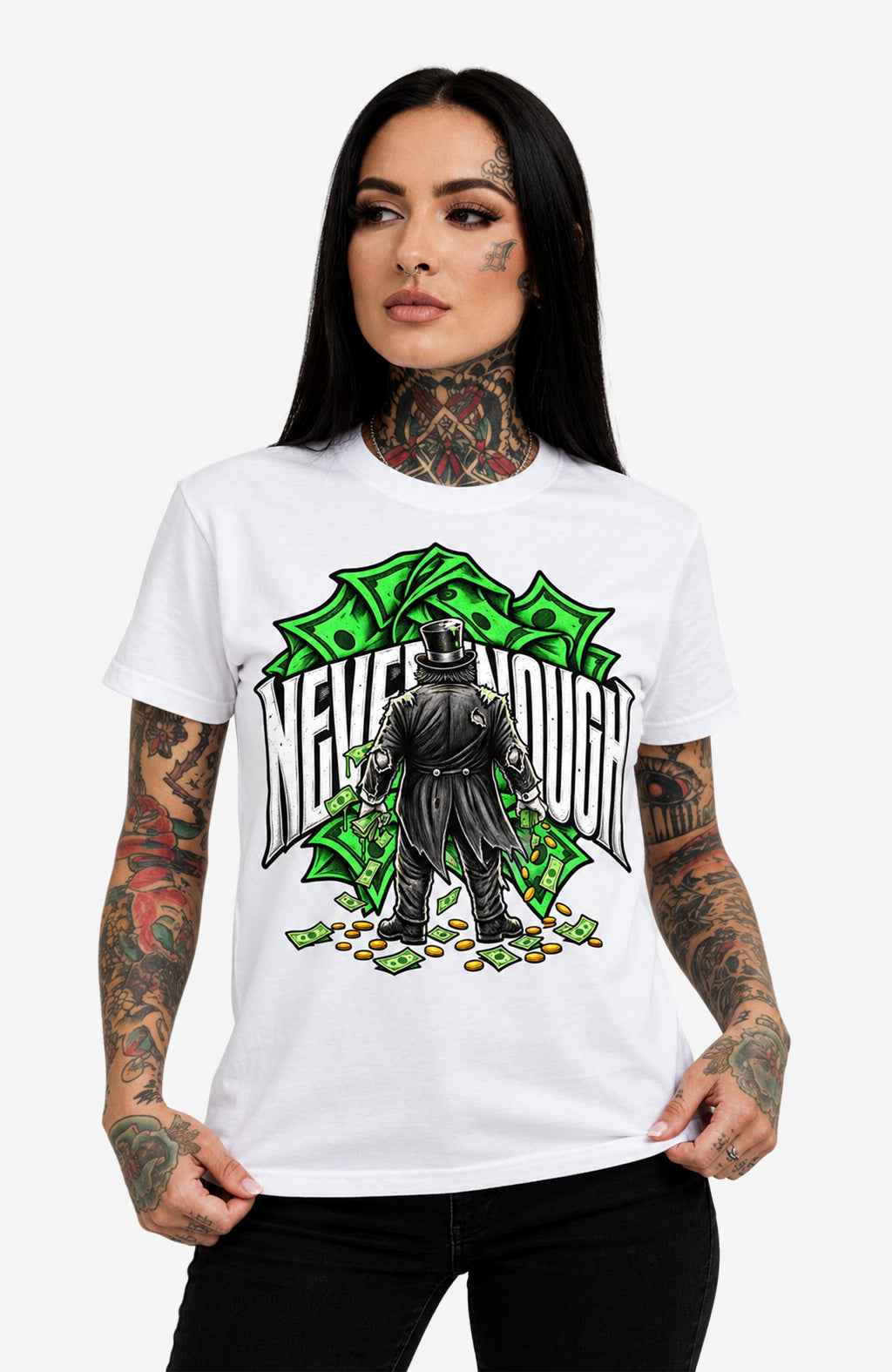 Never Enough | T-Shirt Damen | Weiß Shirt NeverEnough-EnrolDesign-streetwear-skater-T-Shirt-White-Front-EnrolShop-Frau02