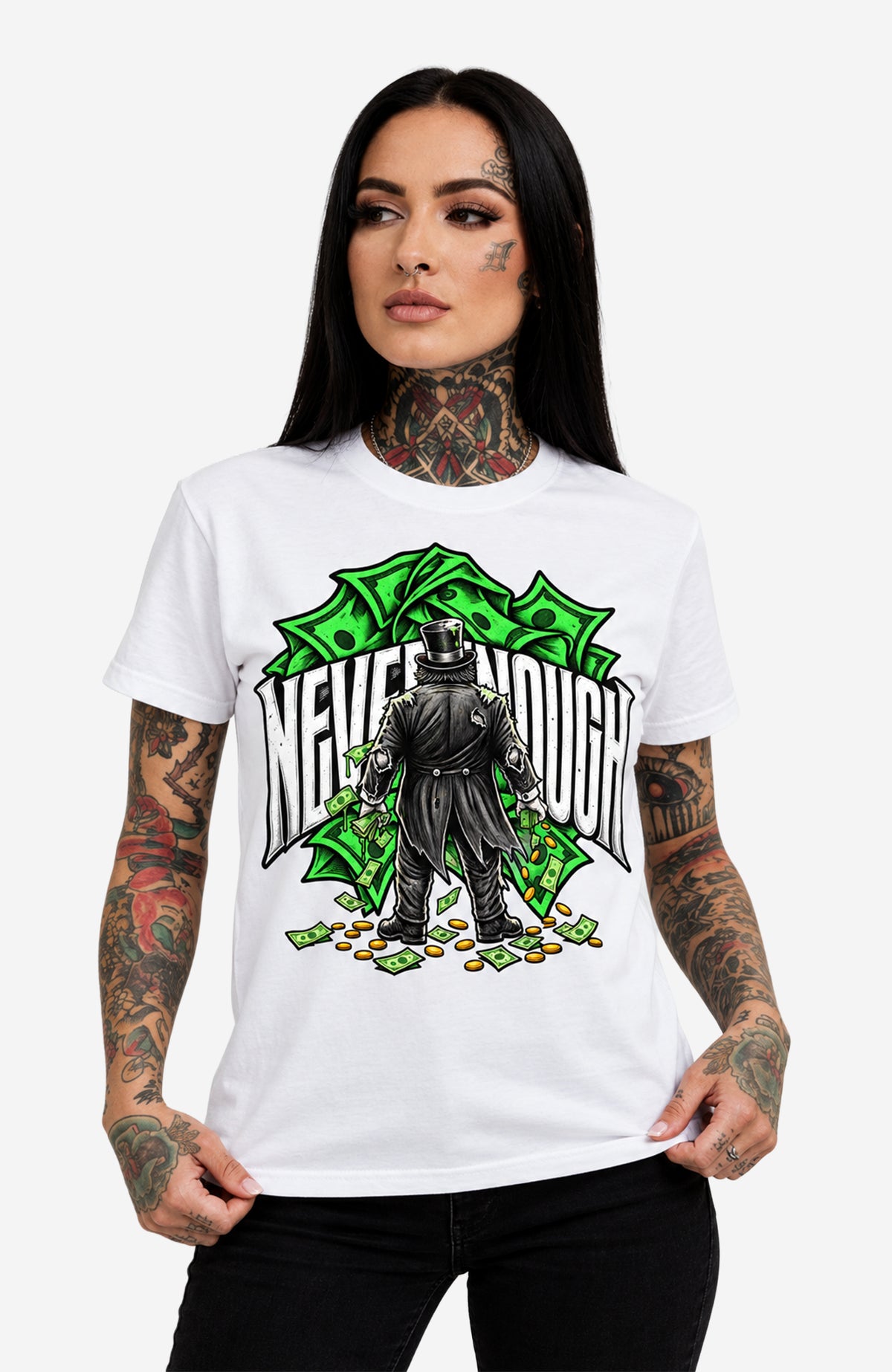 Never Enough | T-Shirt Damen | Weiß Shirt NeverEnough-EnrolDesign-streetwear-skater-T-Shirt-White-Front-EnrolShop-Frau02