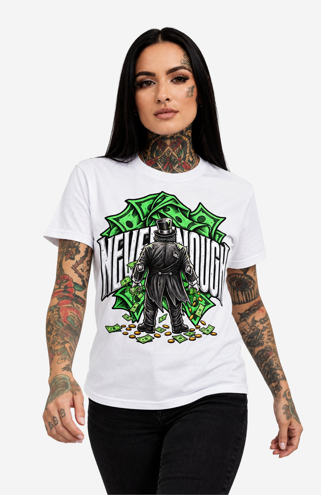 Never Enough | T-Shirt Damen | Weiß Shirt NeverEnough-EnrolDesign-streetwear-skater-T-Shirt-White-Front-EnrolShop-Frau03