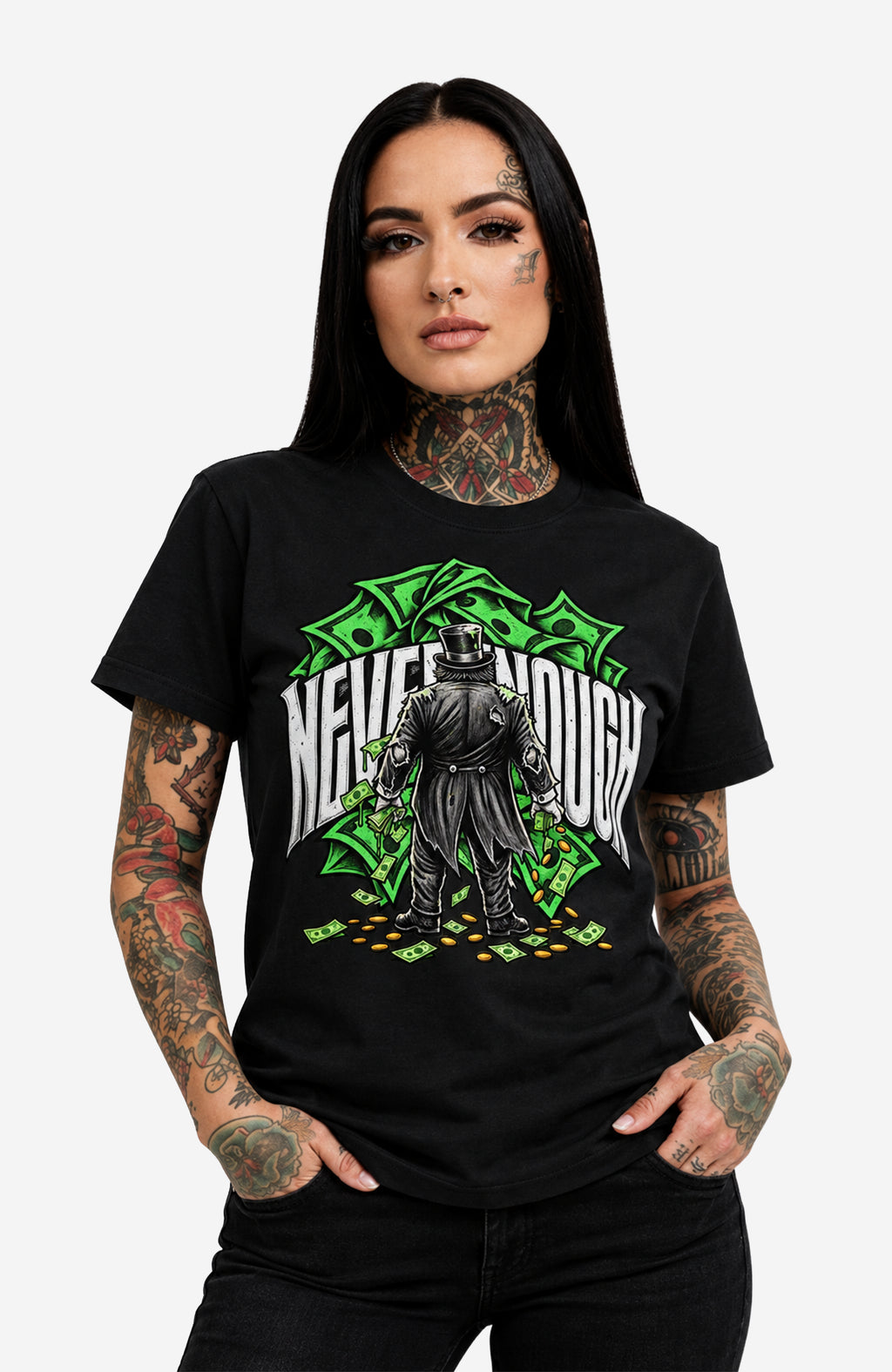 Never Enough | T-Shirt Damen | Schwarz Shirt NeverEnough-EnrolDesign-streetwear-skater-T-Shirt-black-Front-EnrolShop-Frau01