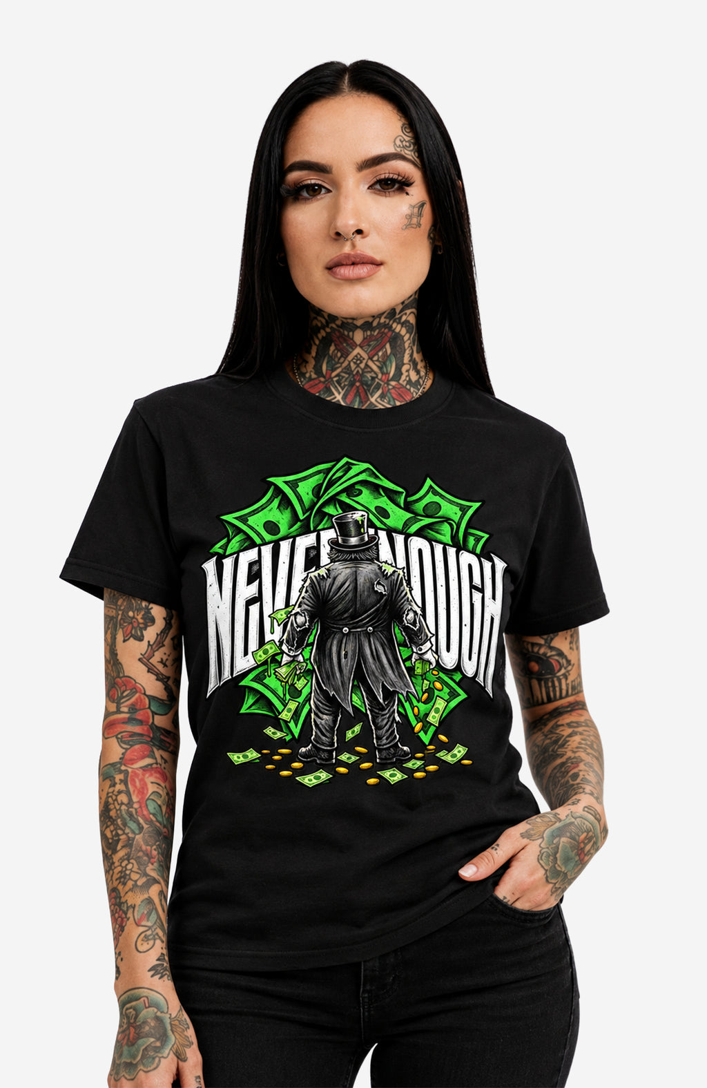 Never Enough | T-Shirt Damen | Schwarz Shirt NeverEnough-EnrolDesign-streetwear-skater-T-Shirt-black-Front-EnrolShop-Frau02