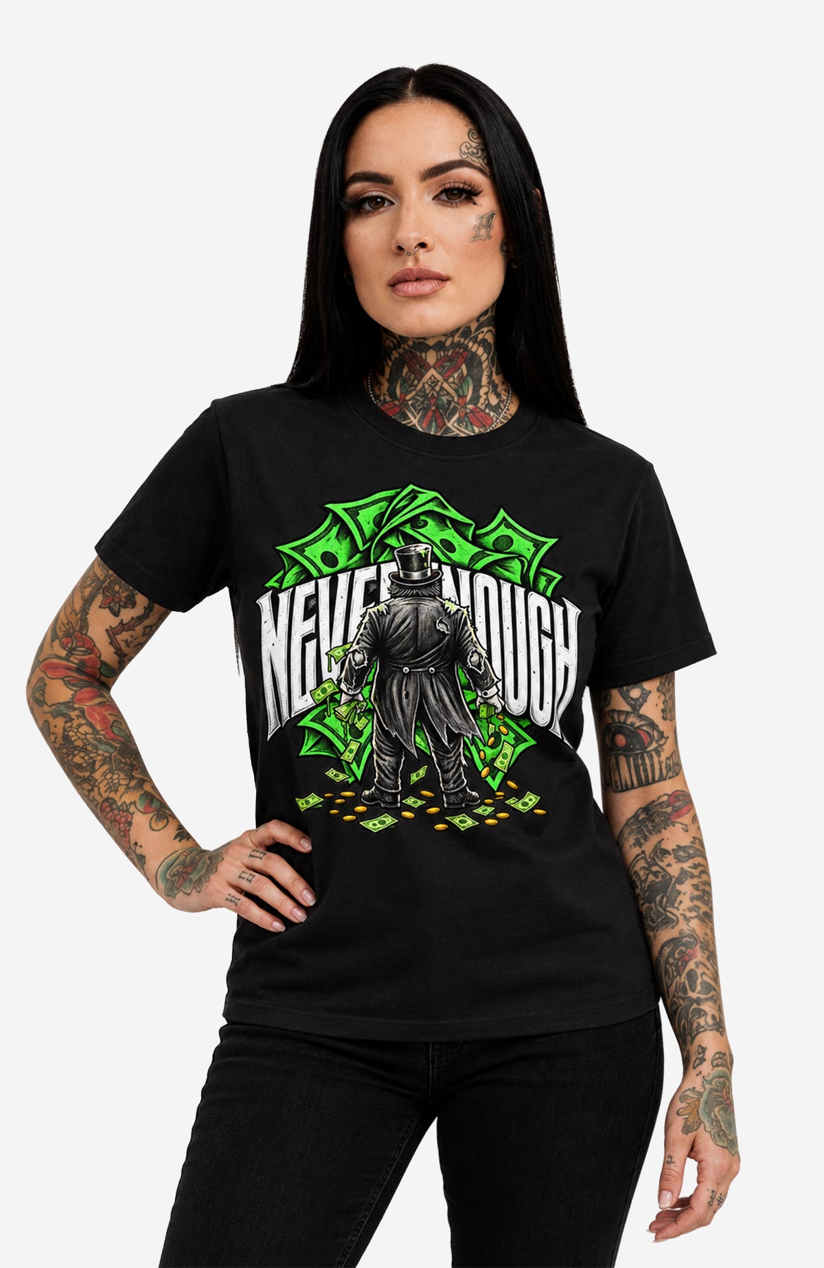 Never Enough | T-Shirt Damen | Schwarz Shirt NeverEnough-EnrolDesign-streetwear-skater-T-Shirt-black-Front-EnrolShop-Frau03
