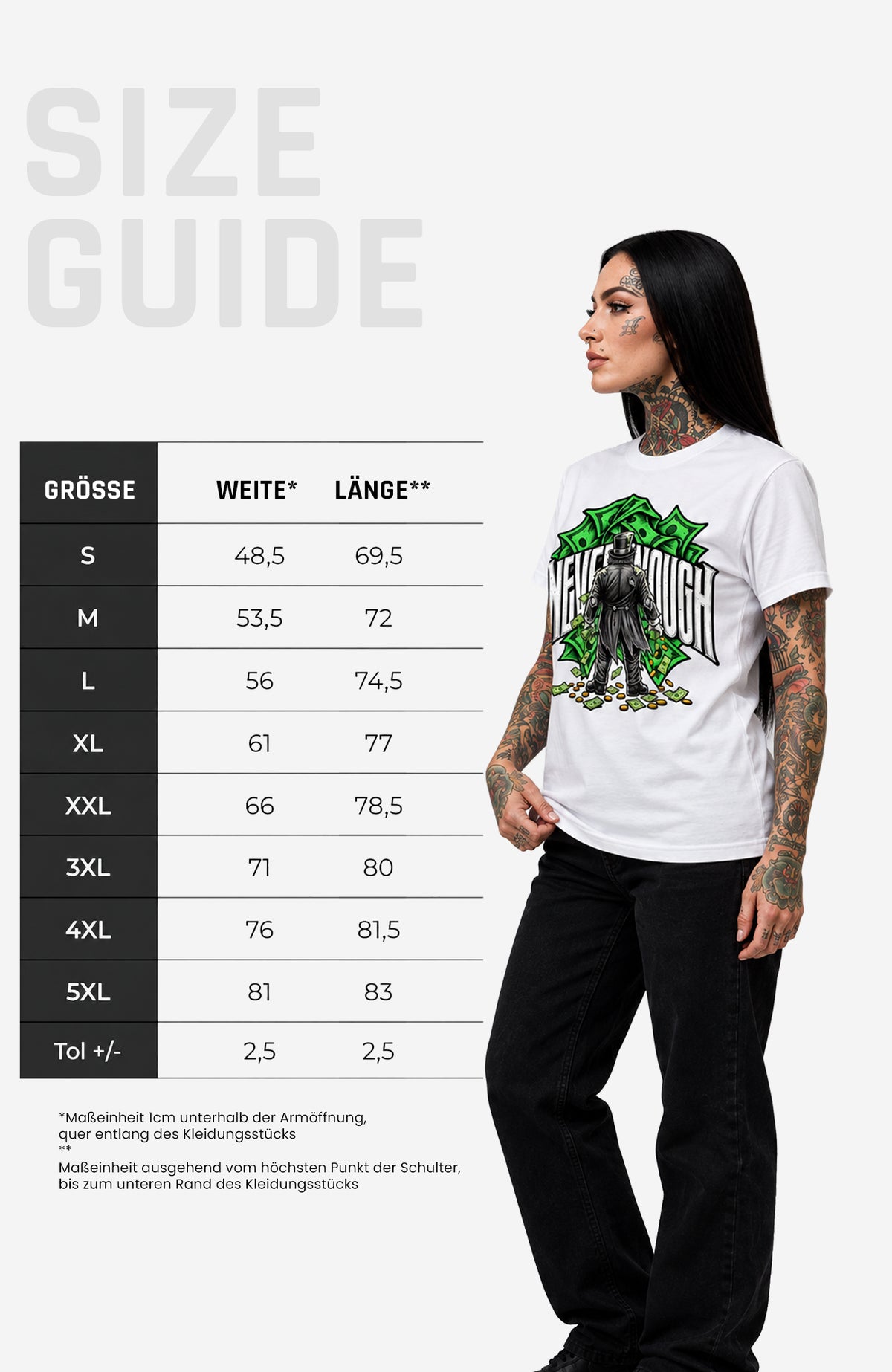 Never Enough | T-Shirt Damen | Weiß Shirt NeverEnough-EnrolDesign-streetwear-skater-T-Shirt-weiss-Front-EnrolShop-FrauSizeGuide