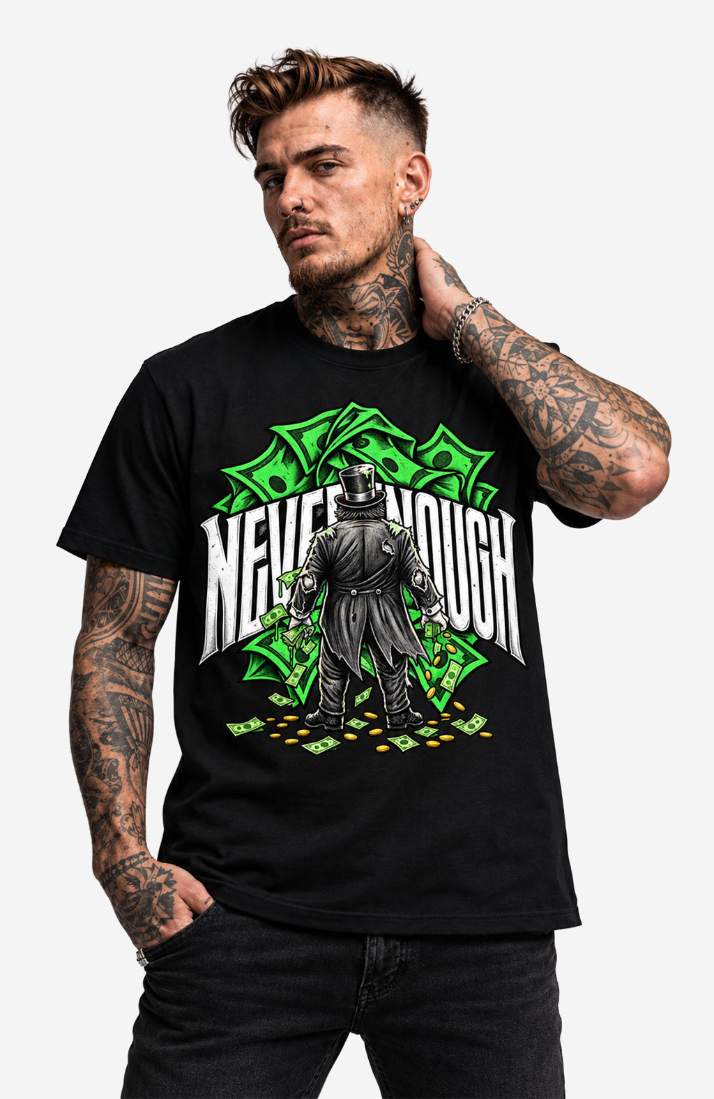 Never Enough | T-Shirt Herren | Schwarz Shirt NeverEnoughT-ShirtHerren-EnrolDesign-streetwear-skater-T-Shirt-Black-Front-EnrolShop-Mann02