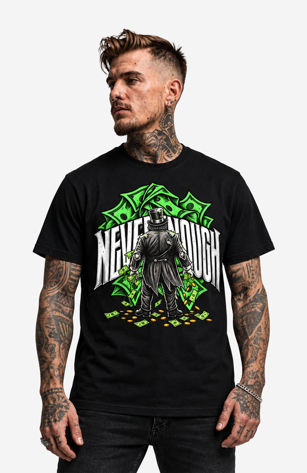 Never Enough | T-Shirt Herren | Schwarz Shirt NeverEnoughT-ShirtHerren-EnrolDesign-streetwear-skater-T-Shirt-Black-Front-EnrolShop-Mann03