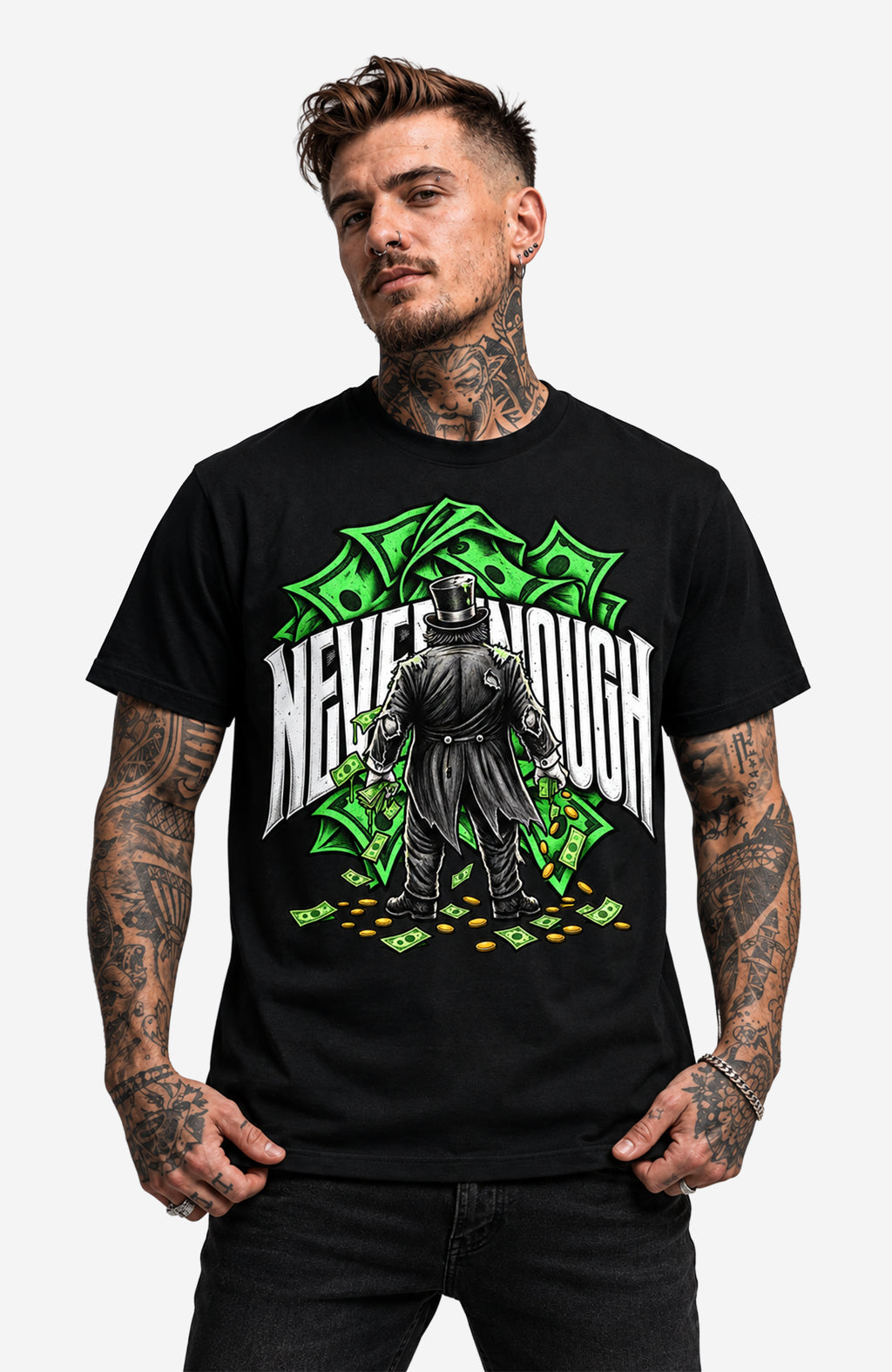 Never Enough | T-Shirt Herren | Schwarz Shirt NeverEnoughT-ShirtHerren-EnrolDesign-streetwear-skater-T-Shirt-Black-Front-EnrolShop-Mann04