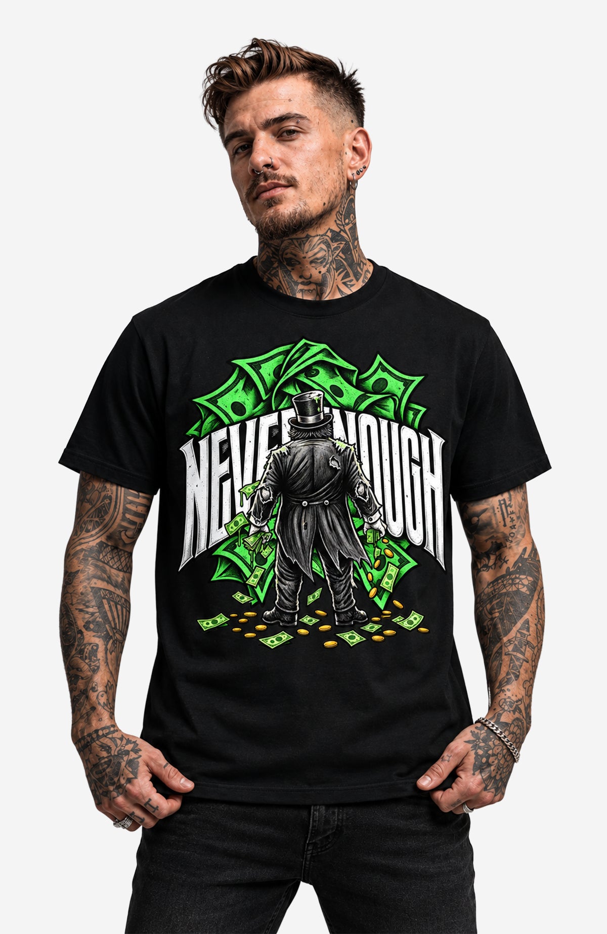 Never Enough | T-Shirt Herren | Schwarz Shirt NeverEnoughT-ShirtHerren-EnrolDesign-streetwear-skater-T-Shirt-Black-Front-EnrolShop-Mann04