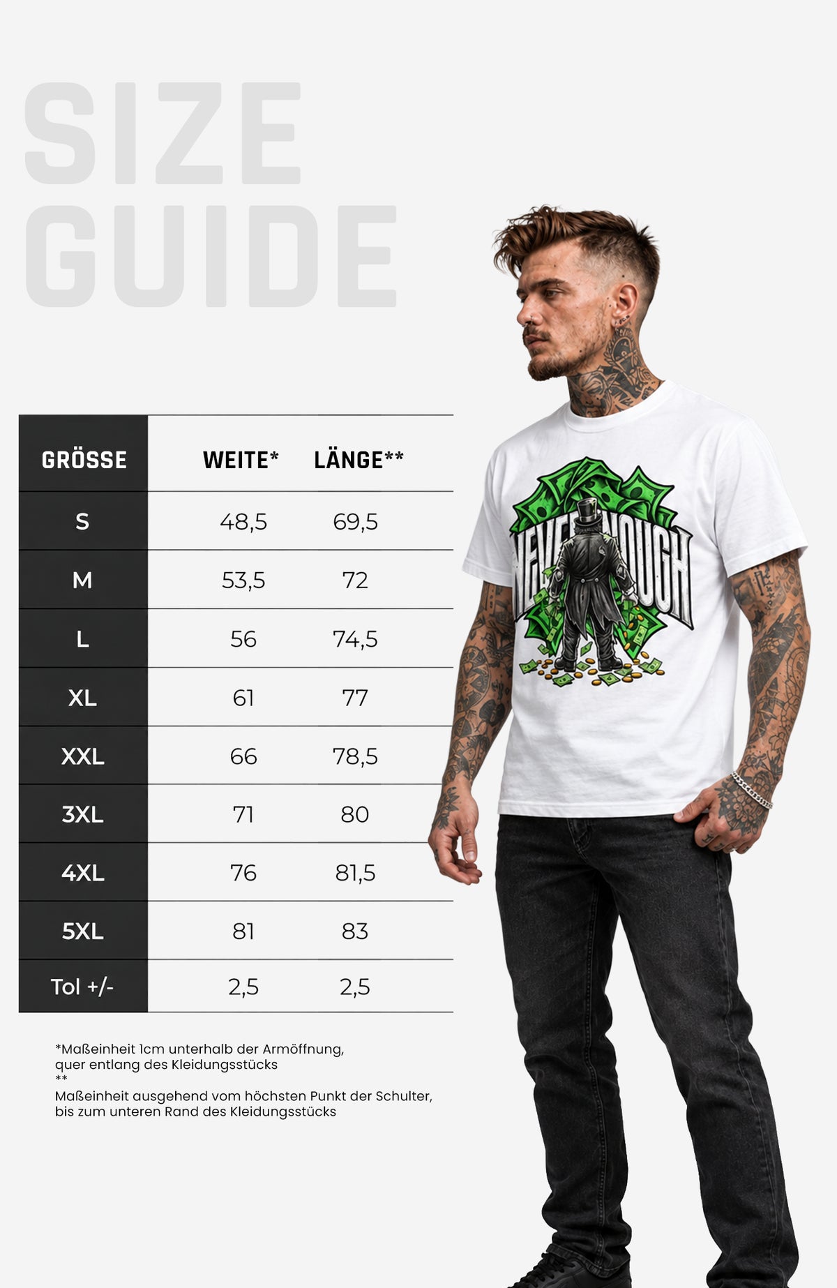 Never Enough | T-Shirt Herren | Weiß Shirt NeverEnoughT-ShirtHerren-EnrolDesign-streetwear-skater-T-Shirt-White-Front-EnrolShop-Mann-SizeGuide