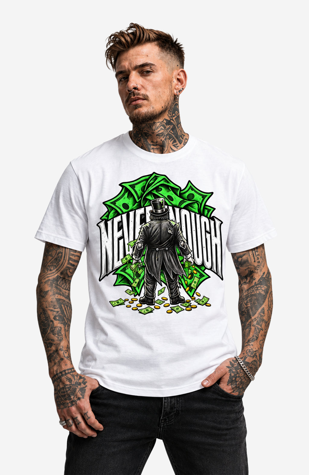 Never Enough | T-Shirt Herren | Weiß Shirt NeverEnoughT-ShirtHerren-EnrolDesign-streetwear-skater-T-Shirt-White-Front-EnrolShop-Mann01