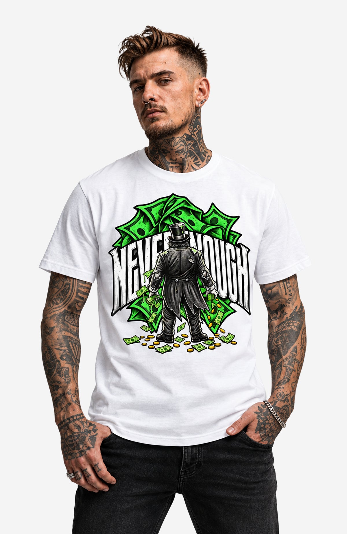 Never Enough | T-Shirt Herren | Weiß Shirt NeverEnoughT-ShirtHerren-EnrolDesign-streetwear-skater-T-Shirt-White-Front-EnrolShop-Mann01