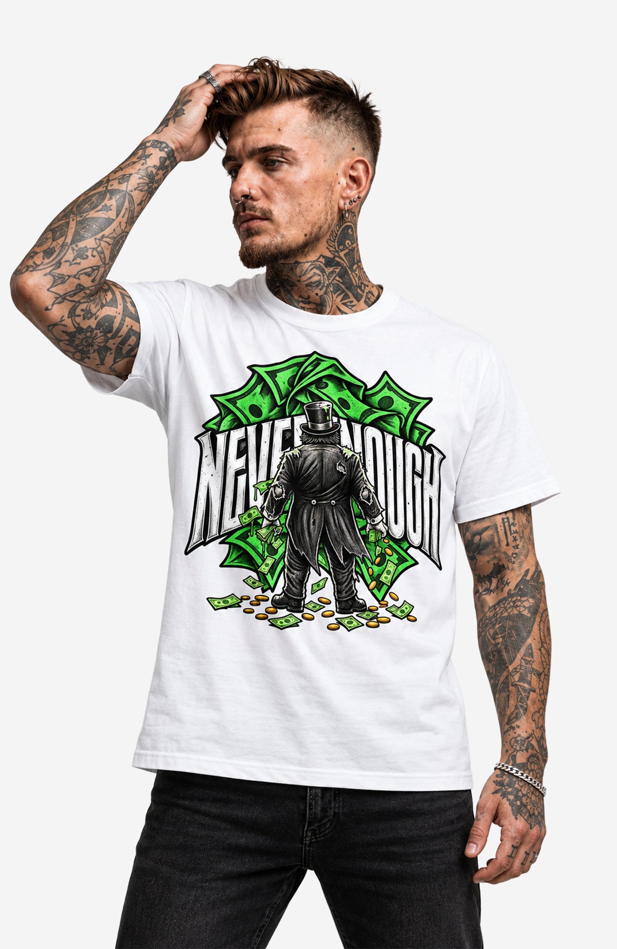 Never Enough | T-Shirt Herren | Weiß Shirt NeverEnoughT-ShirtHerren-EnrolDesign-streetwear-skater-T-Shirt-White-Front-EnrolShop-Mann02