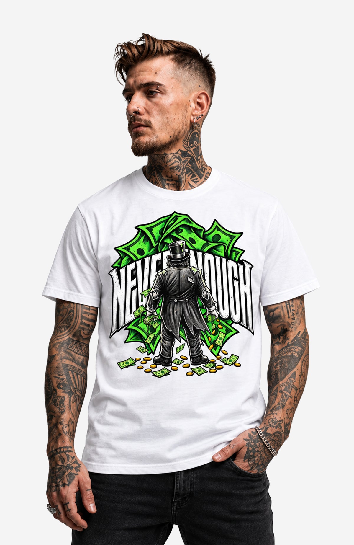Never Enough | T-Shirt Herren | Weiß Shirt NeverEnoughT-ShirtHerren-EnrolDesign-streetwear-skater-T-Shirt-White-Front-EnrolShop-Mann03