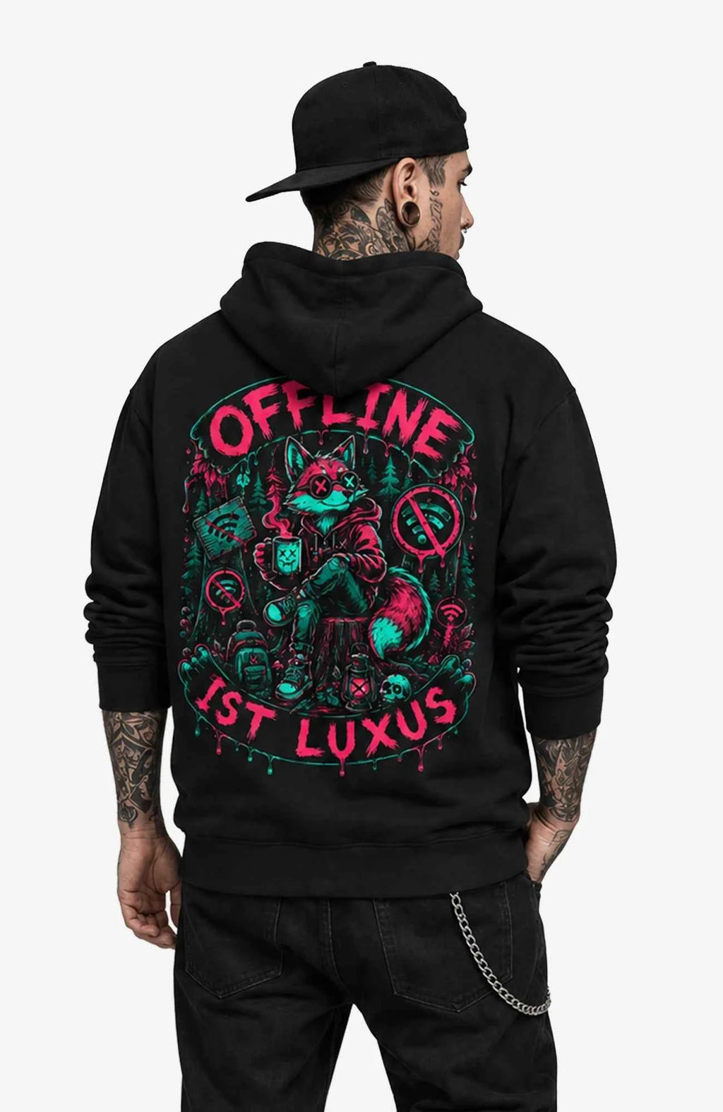 Offline ist Luxus | Hoodie Herren | Dark Hoodie OfflineistLuxus-SkaterHoodie-streetwear-Hoodie-Black-Backprint-Back-EnrolDesign-EnrolShop-Mann01