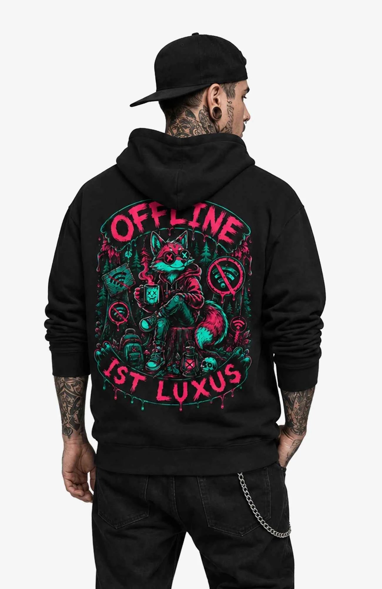 Offline ist Luxus | Hoodie Herren | Dark Hoodie OfflineistLuxus-SkaterHoodie-streetwear-Hoodie-Black-Backprint-Back-EnrolDesign-EnrolShop-Mann01