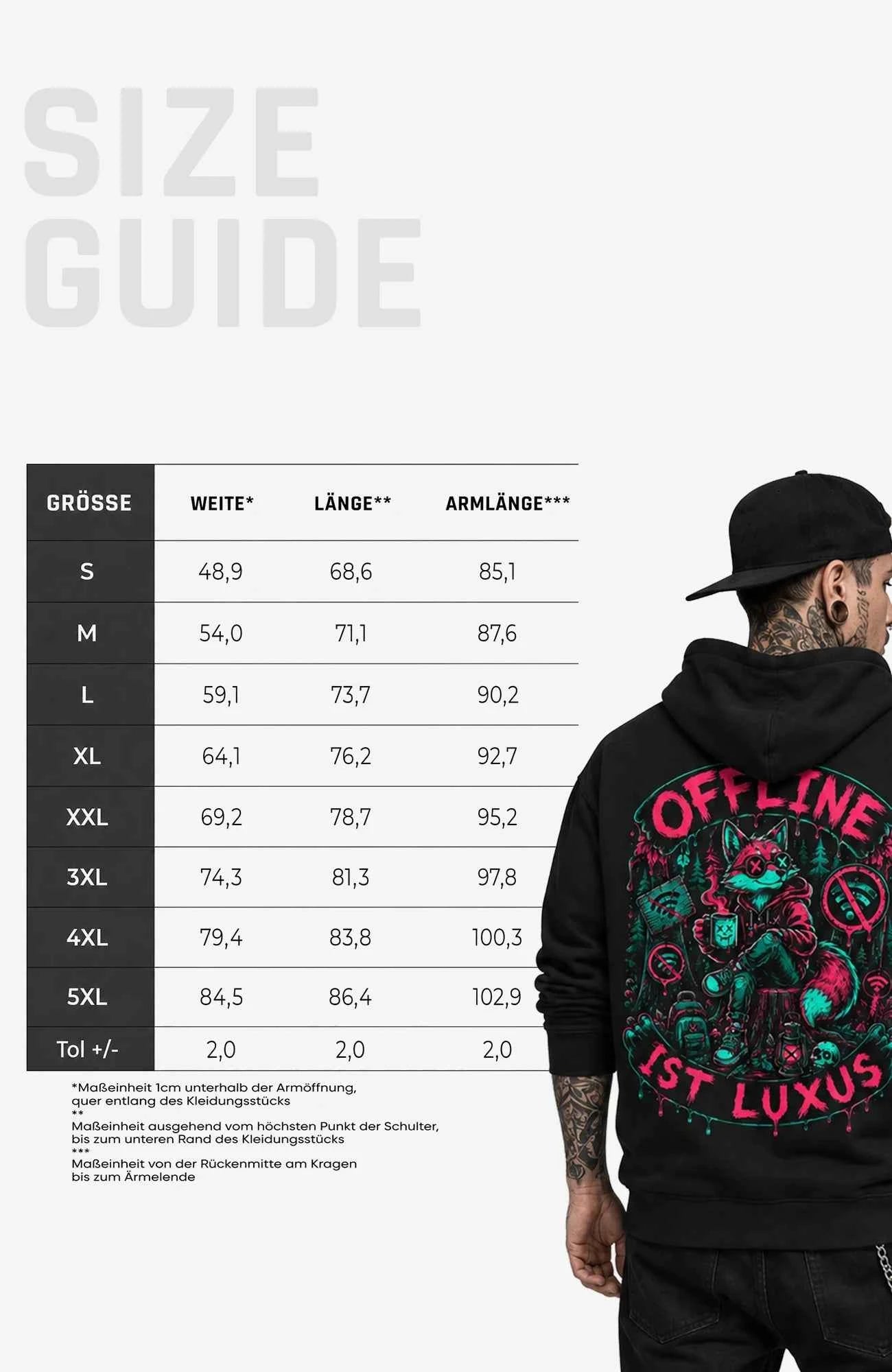 Offline ist Luxus | Hoodie Herren | Dark Hoodie OfflineistLuxus-SkaterHoodie-streetwear-Hoodie-Black-Backprint-Back-EnrolDesign-EnrolShop-MannSizeGuide