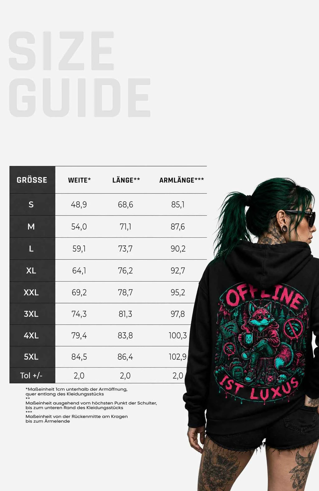 Offline ist Luxus | Hoodie Damen | Dark Hoodie OfflineistLuxus-SkaterHoodie-streetwear-Hoodie-Black-Backprint-Back-EnrolDesign-EnrolShop-WomenSizeGuide