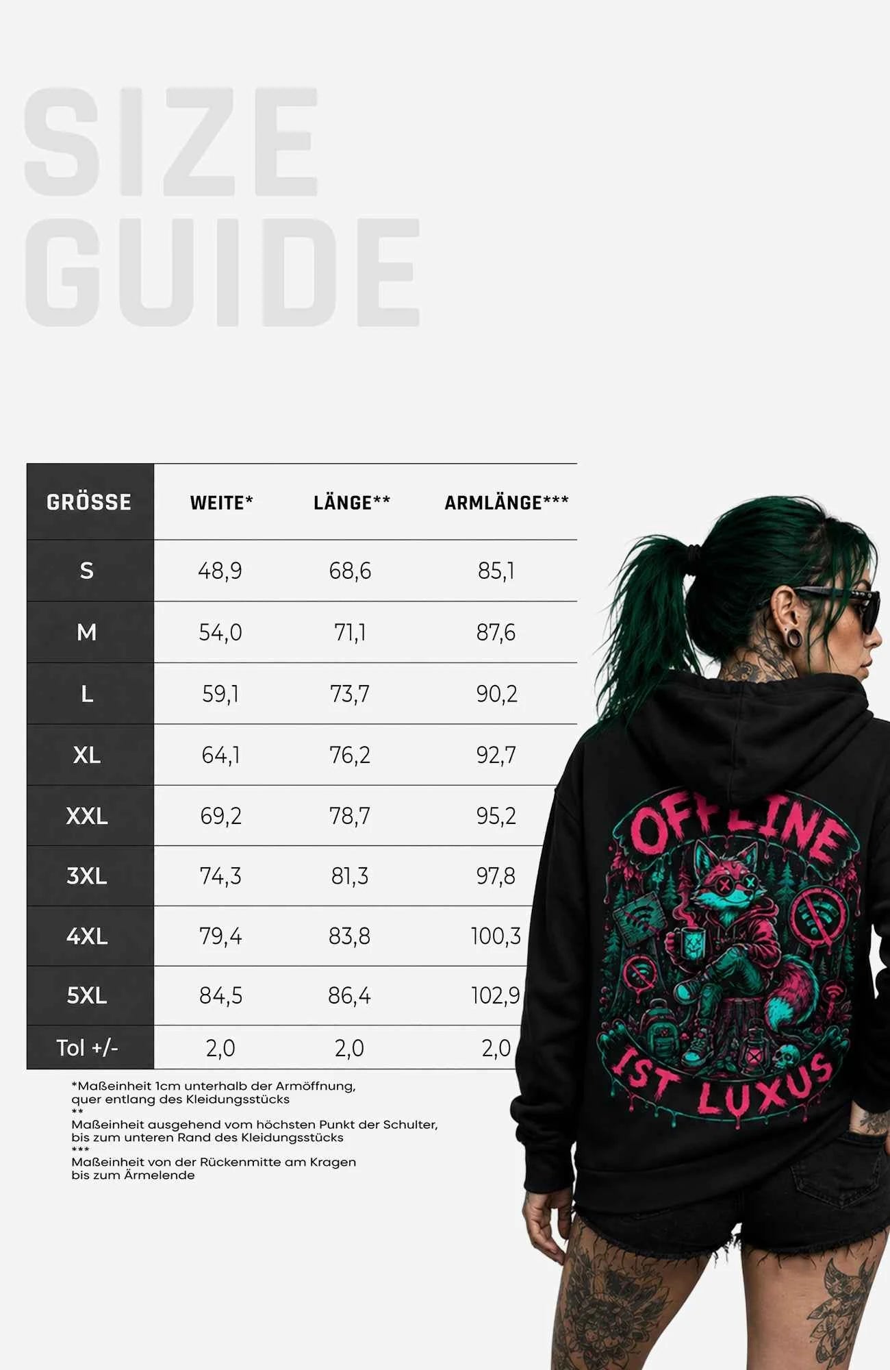 Offline ist Luxus | Hoodie Damen | Dark Hoodie OfflineistLuxus-SkaterHoodie-streetwear-Hoodie-Black-Backprint-Back-EnrolDesign-EnrolShop-WomenSizeGuide