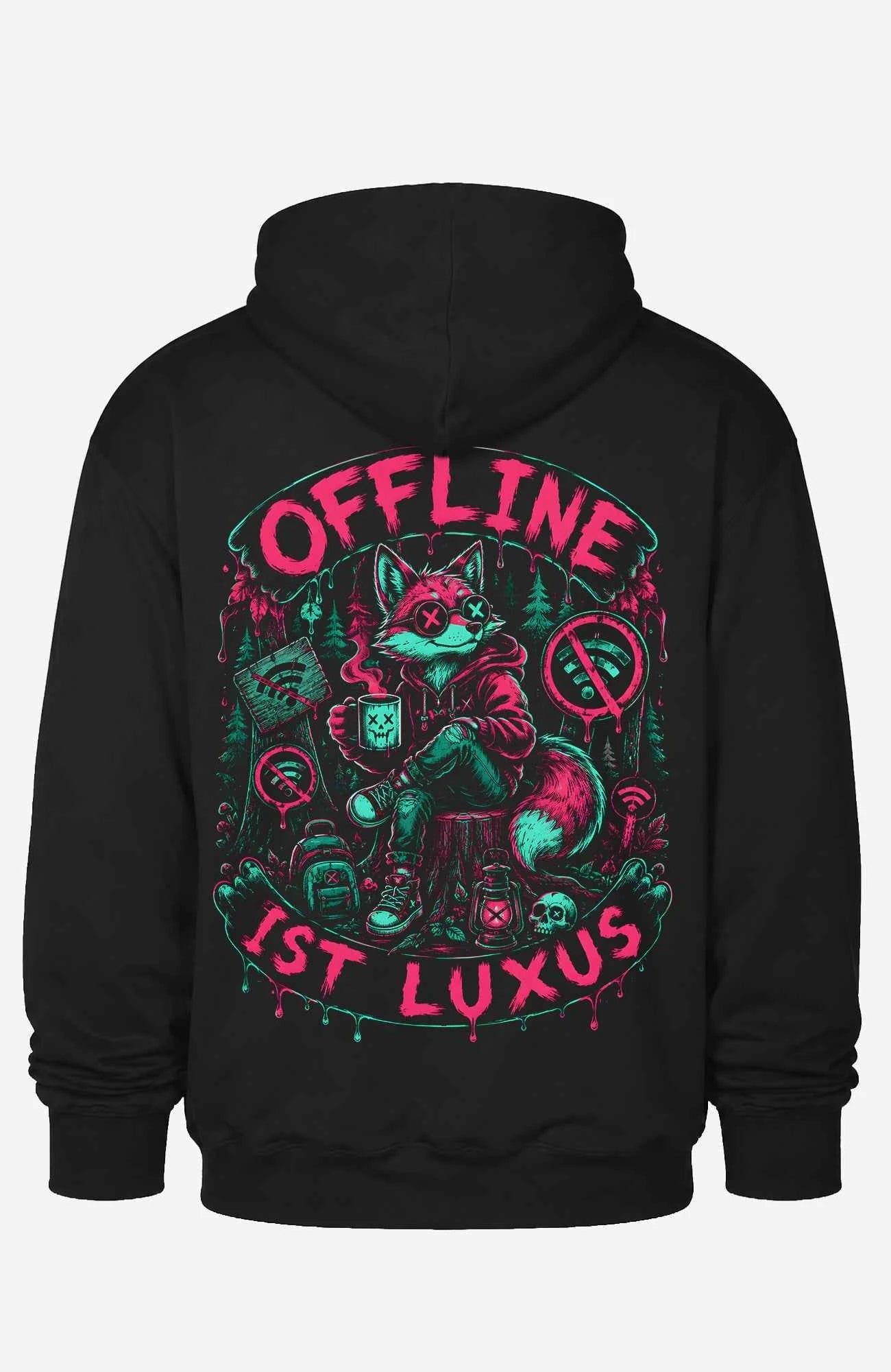 Offline ist Luxus | Hoodie Damen | Dark Hoodie OfflineistLuxus-SkaterHoodie-streetwear-Hoodie-Black-Backprint-Back-EnrolDesign-EnrolShop