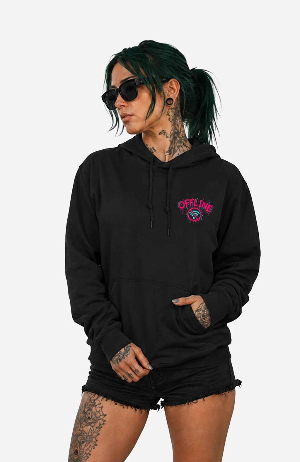 Offline ist Luxus | Hoodie Damen | Dark Hoodie OfflineistLuxus-SkaterHoodie-streetwear-Hoodie-Black-Frontprint-Front-EnrolDesign-EnrolShop-Women02