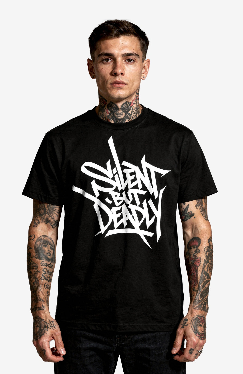 Silent But Deadly – Look Bundle - Shirt + Sticker Bundle Silent_but_Deadly-_EnrolDesign_-streetwear-tshirt-black-Front_-_Mann_01