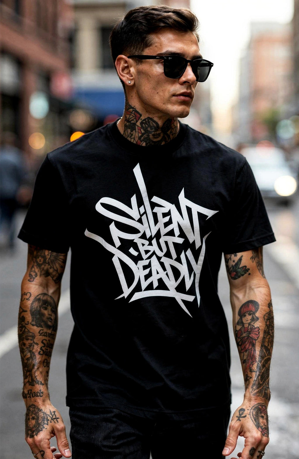 Silent But Deadly – Look Bundle - Shirt + Sticker Bundle Silent_but_Deadly-_EnrolDesign_-streetwear-tshirt-black-Front_-_Mann_02